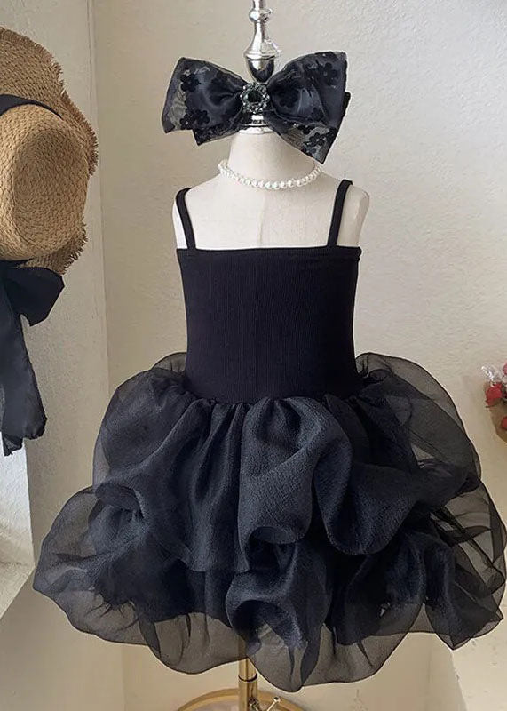 Fashion Black Ruffled Patchwork Tulle Kids Girls Robe Dresses Summer