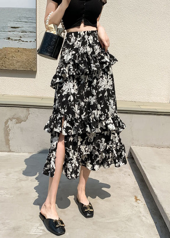 Fashion Black Ruffled Print Side Open Chiffon Skirts Spring