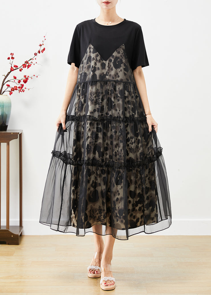 Fashion Black Ruffled Tulle Patchwork Exra Large Hem Cotton Dress Summer