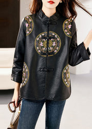 Fashion Black Stand Collar Embroidered Button Faux Leather Coats Fall