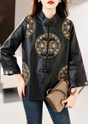 Fashion Black Stand Collar Embroidered Button Faux Leather Coats Fall