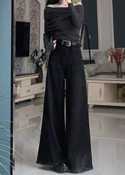 Fashion Black Tasseled Pockets Denim Wide Leg Pants Spring