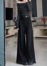 Fashion Black Tasseled Pockets Denim Wide Leg Pants Spring