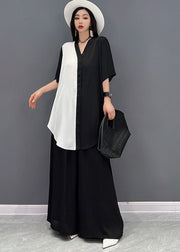 Fashion Black V Neck Patchwork Chiffon Tops And Wide Leg Pants Two Pieces Set Summer