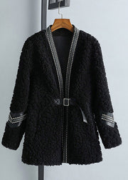 Fashion Black V Neck Patchwork Sashes Faux Fur Coat Winter