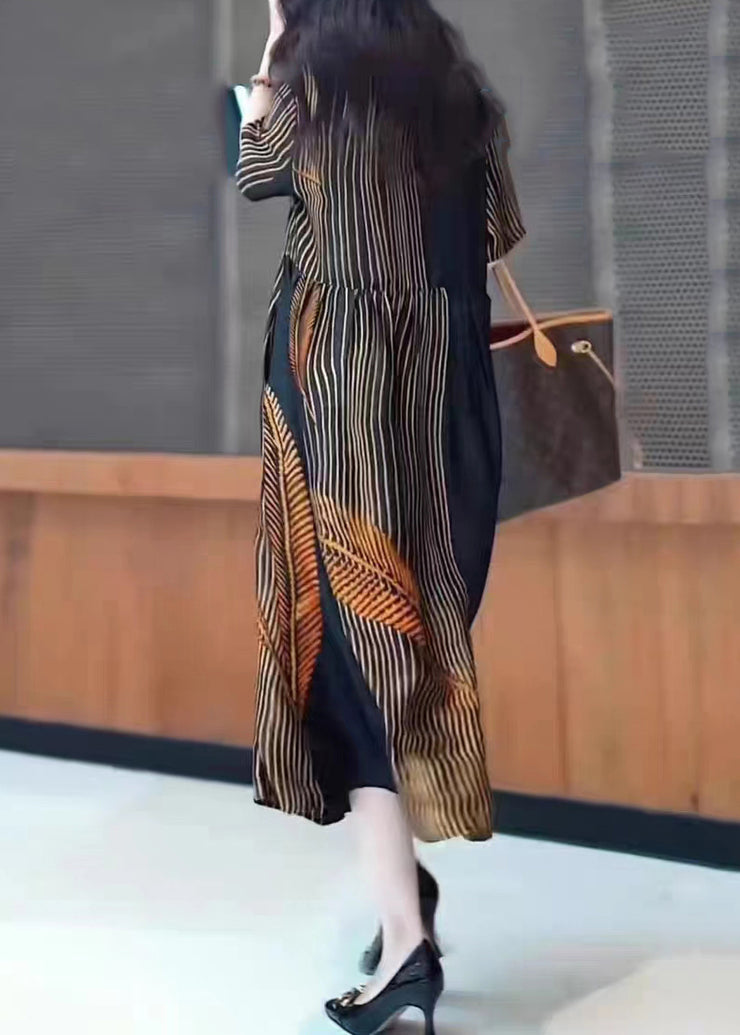 Fashion Black V Neck Print Patchwork Silk Long Dresses Summer