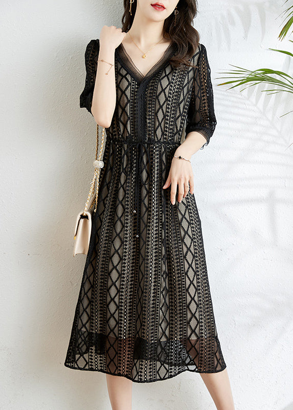 Fashion Black V Neck Tie Waist Silk Long Dress Half Sleeve