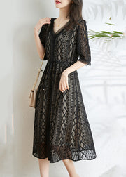 Fashion Black V Neck Tie Waist Silk Long Dress Half Sleeve