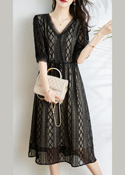 Fashion Black V Neck Tie Waist Silk Long Dress Half Sleeve