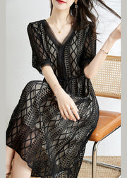 Fashion Black V Neck Tie Waist Silk Long Dress Half Sleeve