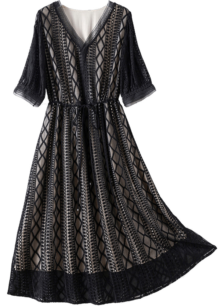 Fashion Black V Neck Tie Waist Silk Long Dress Half Sleeve