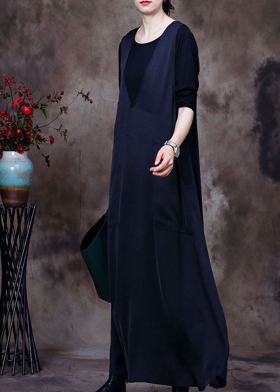 Fashion Black V Neck pockets Silk Maxi Dresses Sleeveless