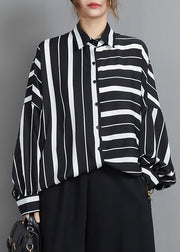 Fashion Black White Button Peter Pan Collar Striped Patchwork Chiffon Blouse Top Long Sleeve