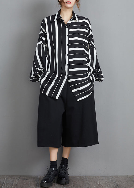 Fashion Black White Button Peter Pan Collar Striped Patchwork Chiffon Blouse Top Long Sleeve