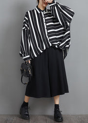 Fashion Black White Button Peter Pan Collar Striped Patchwork Chiffon Blouse Top Long Sleeve