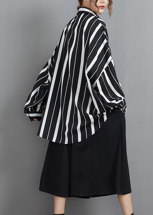 Fashion Black White Button Peter Pan Collar Striped Patchwork Chiffon Blouse Top Long Sleeve