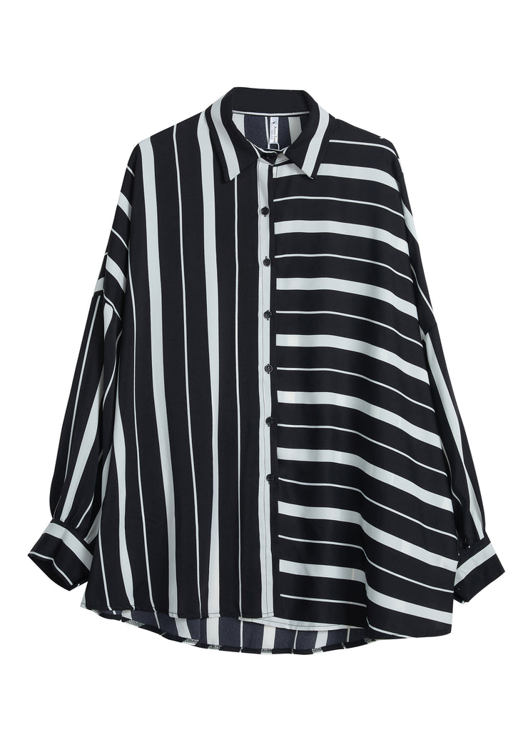 Fashion Black White Button Peter Pan Collar Striped Patchwork Chiffon Blouse Top Long Sleeve