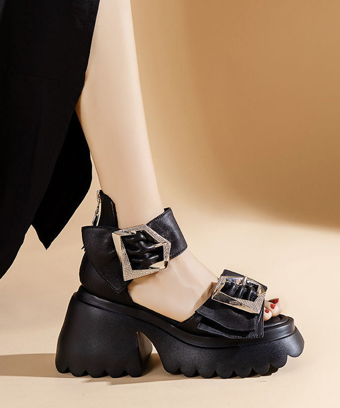 Fashion Black Zippered Sandals Buckle Strap Chunky Sandals