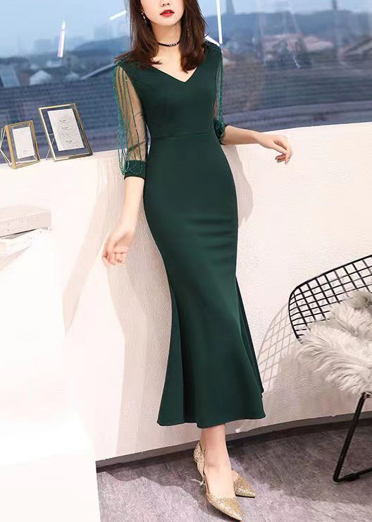 Fashion Blackish Green V Neck Nail Bead Tulle Long Dresses Bracelet Sleeve