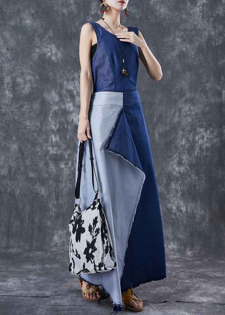 Fashion Blue Asymmetrical Patchwork Backless Denim Dress Summer