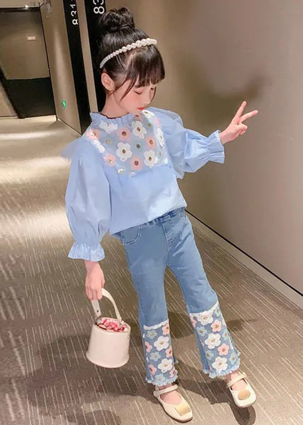 Fashion Blue Floral Ruffled Cotton Tops And Denim Pants Baby Girls Two Pieces Set Fall