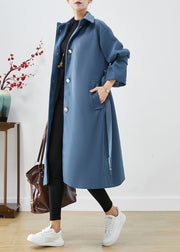 Fashion Blue Grey Peter Pan Collar Tie Waist Woolen Trench Fall