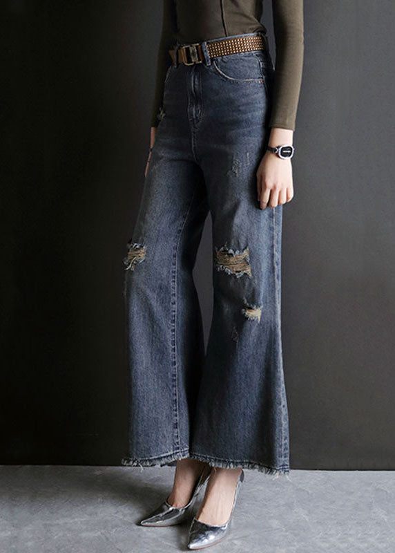 Fashion Blue High Waist Hole Pockets Cotton Denim Flare Pants Summer