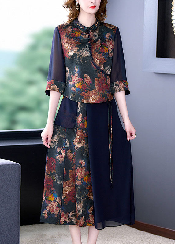 Fashion Blue Hollow Out Patchwork Print Silk Tops And Skirts Two Pieces Set Half Sleeve