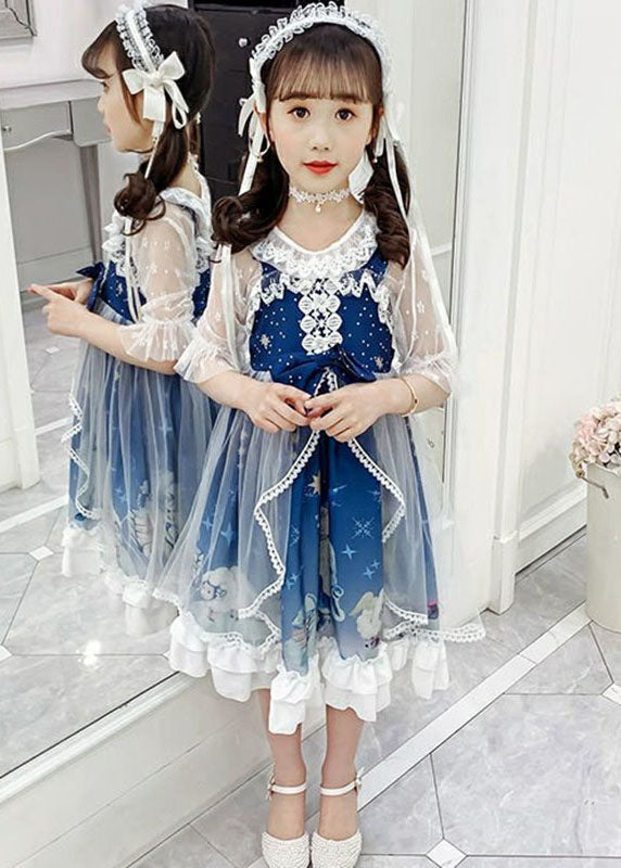 Fashion Blue Lace Patchwork Tulle Kids Long Dress Short Sleeve