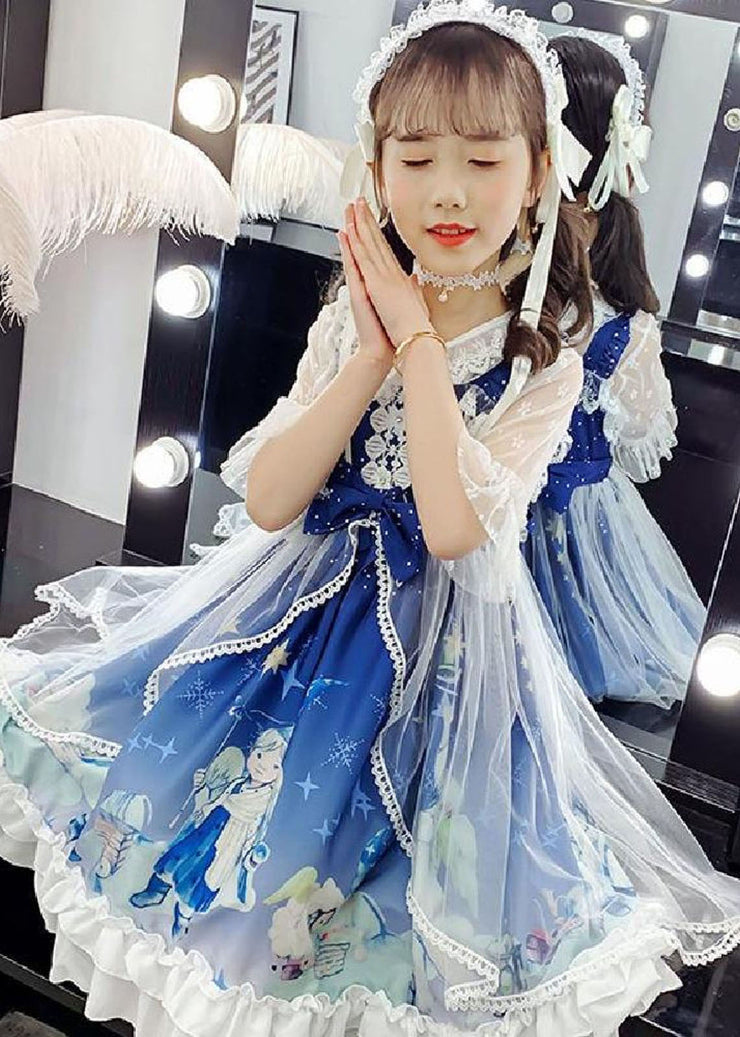 Fashion Blue Lace Patchwork Tulle Kids Long Dress Short Sleeve