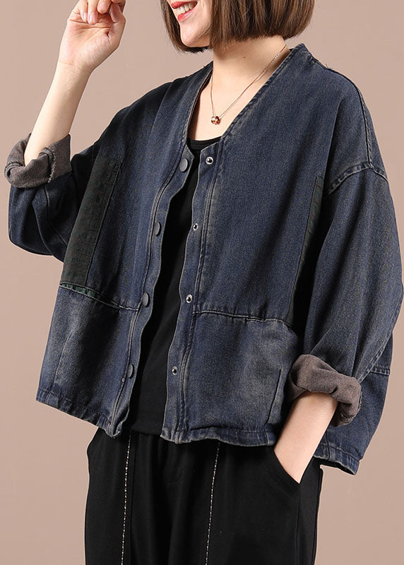 Fashion Blue Loose Pockets Button Fall Coat Long Sleeve