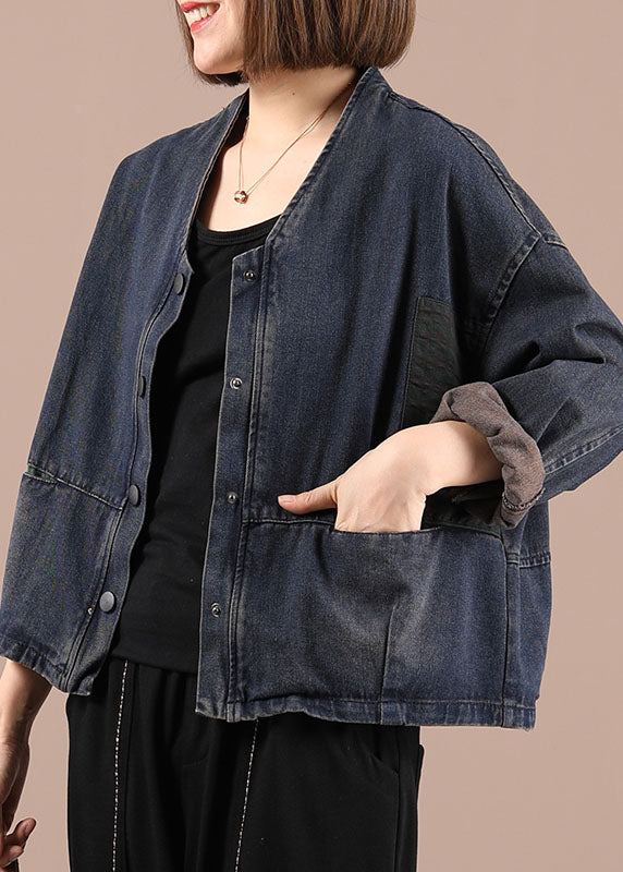 Fashion Blue Loose Pockets Button Fall Coat Long Sleeve