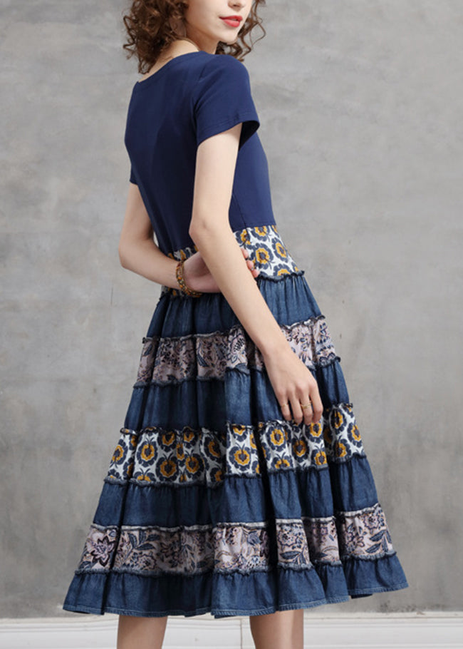 Fashion Blue O-Neck Cinched Patchwork Cotton pleated Dresses Short Sleeve