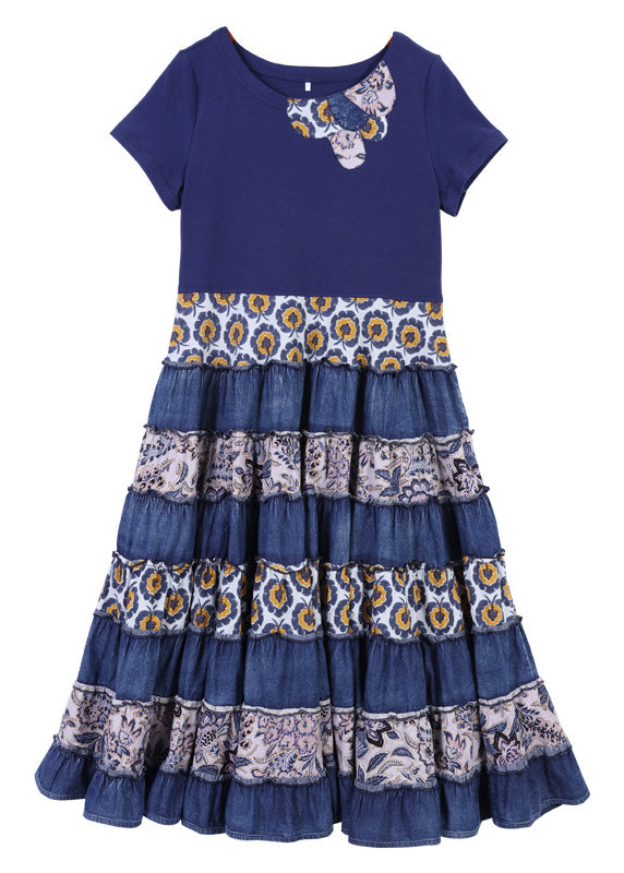 Fashion Blue O-Neck Cinched Patchwork Cotton pleated Dresses Short Sleeve