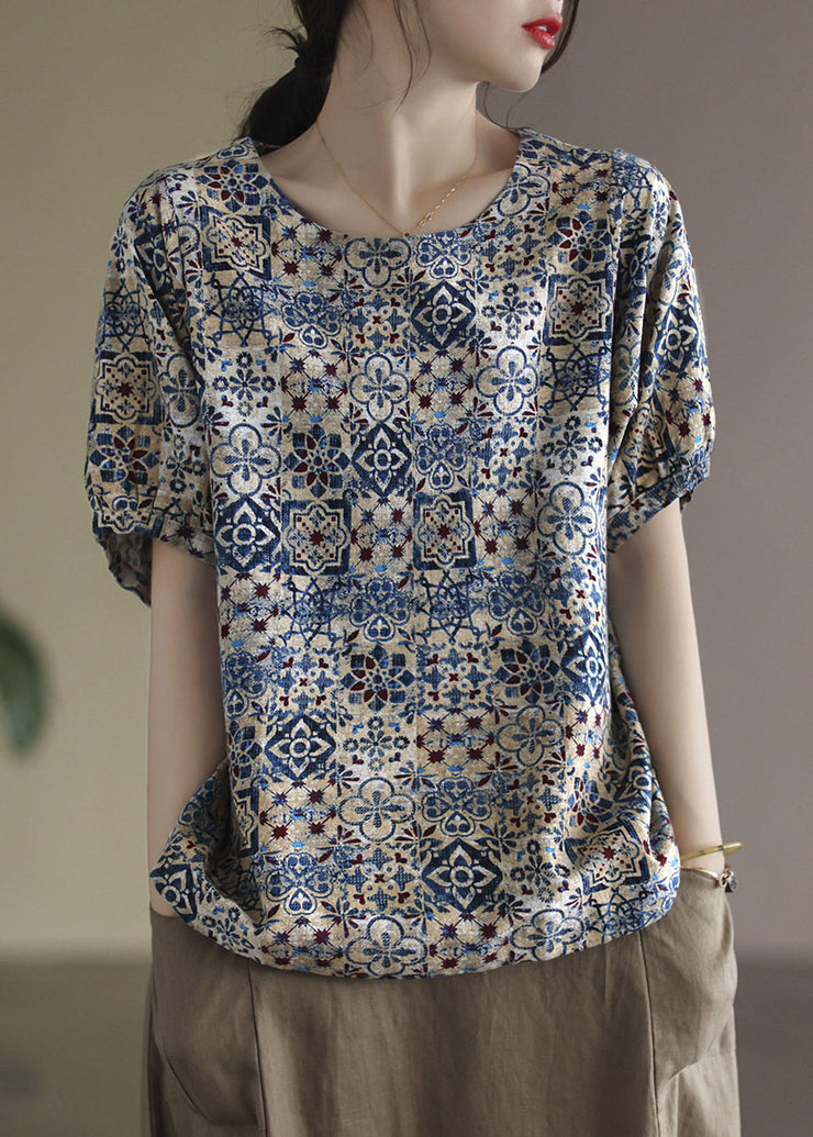 Fashion Blue O-Neck Original Design Print Linen Tank Short Sleeve