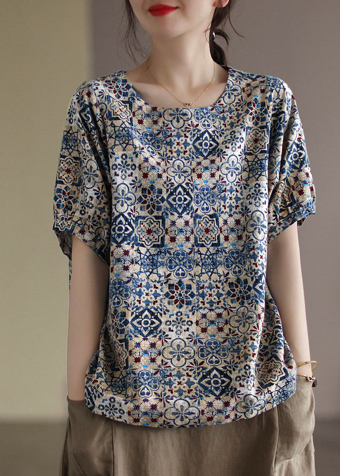 Fashion Blue O-Neck Original Design Print Linen Tank Short Sleeve