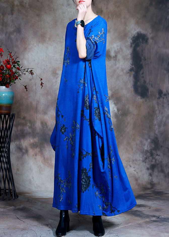 Fashion Blue O-Neck Print Cotton Maxi Dress Spring