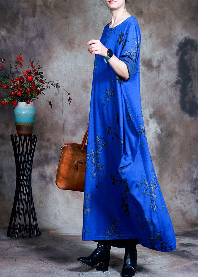 Fashion Blue O-Neck Print Cotton Maxi Dress Spring