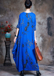 Fashion Blue O-Neck Print Cotton Maxi Dress Spring