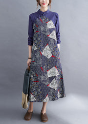 Fashion Blue Patchwork Button asymmetrical design Fall Holiday Dress Long sleeve