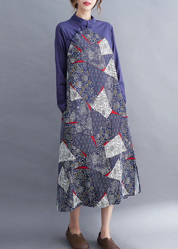 Fashion Blue Patchwork Button asymmetrical design Fall Holiday Dress Long sleeve