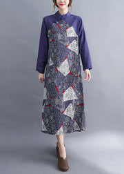 Fashion Blue Patchwork Button asymmetrical design Fall Holiday Dress Long sleeve