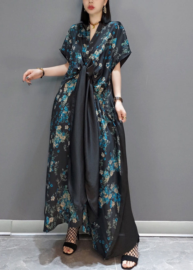 Fashion Blue Patchwork Silk Maxi Dresses Short Sleeve