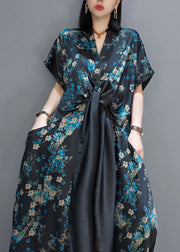 Fashion Blue Patchwork Silk Maxi Dresses Short Sleeve