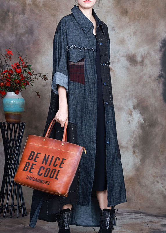 Fashion Blue PeterPan Collar Plaid Patchwork denim Winter Coat