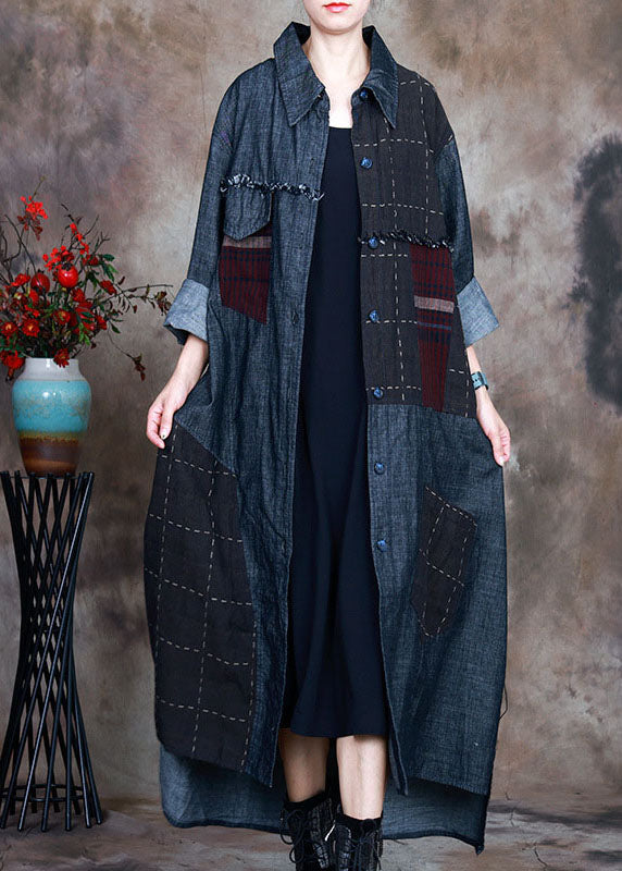 Fashion Blue PeterPan Collar Plaid Patchwork denim Winter Coat