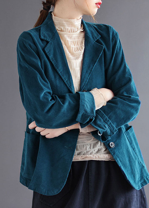 Fashion Blue PeterPan Collar Pockets Button Patchwork Fall Corduroy Coat