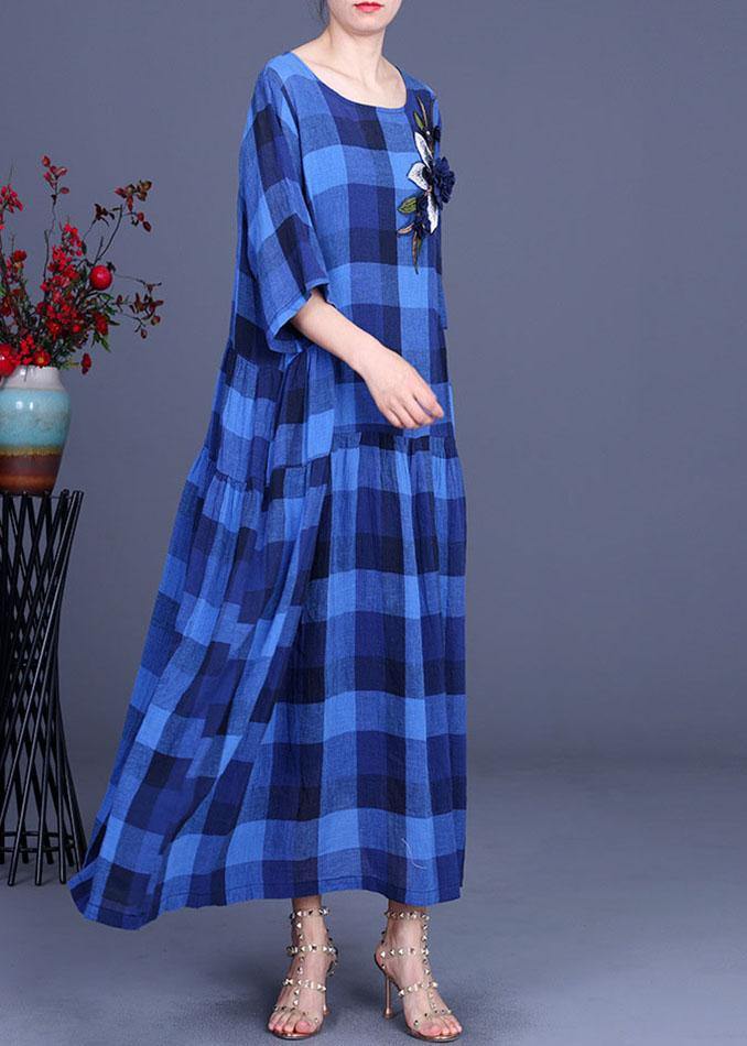 Fashion Blue Plaid Linen Embroideried Floral Summer Long Dress - bagstylebliss