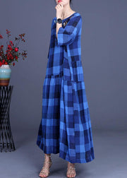Fashion Blue Plaid Linen Embroideried Floral Summer Long Dress - bagstylebliss
