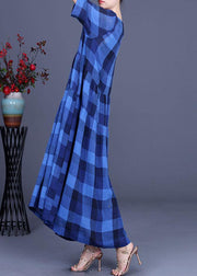 Fashion Blue Plaid Linen Embroideried Floral Summer Long Dress - bagstylebliss